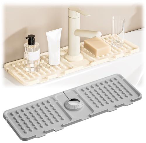 Faucet Mat for Kitchen Sink, Silicone Draining Mat with Anti-Splash Guard and Built-in Drain Tray for Kitchen Bathroom Counter Dish Drainer (Light Grey, 1)