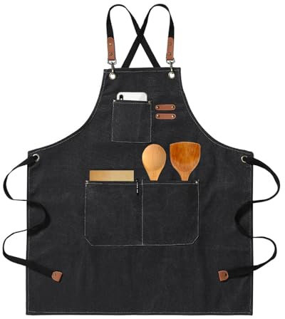 HIUOUIH Delantal Cocina Hombre Barbacoa Delantal de Trabajo Mujer con 3 Correa Ajustable y Bolsillos Delantales de Lona para Cocinar Hornear Jardinería Camarero, Negro