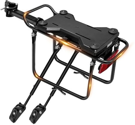 Mimoke Mountainbike-Gepäckträger für 26-29 Zoll Fahrräder. Aus Aluminiumlegierung, bis zu 50 kg belastbar. Mit Gepäckträgerplatte. Einfacher Adapterwechsel per Knopfdruck in Sekunden.