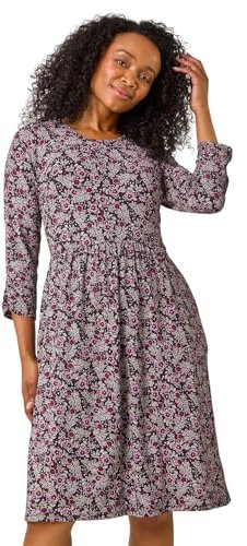 Roman Originals Midi Dress with Pockets for Women UK Ladies Stretchy Jersey Maxi Long 3/4 Length Sleeve Gathered High Waist Boho Flattering Skater Swing Fit Flare - Petite Purple - Size 16