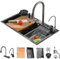 70x50cm Lavandino Cucina Cascata, Lavello Cucina, 1 Vasche In Acciaio Inox Nero, Con Rubinetti Estraibili Dispenser Sapone E Tagliere E Scolapiatti E Scarico