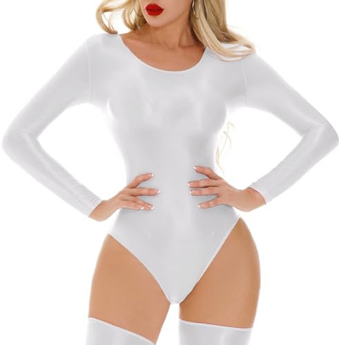 Jugaoge Damen Glänzend Body Langarm Rundhals Bodysuit Ballett Tanz Trikot Glossy Anzug Basic Einfarbig Gymnastik Leotard Turn Bekleidung Weiß M