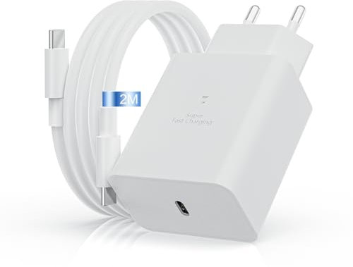 45W Super Rápido Cargador USB C con Cable USB C de 2M, para Samsung Galaxy S25 Ultra/S24 Plus/S23/S22 Ultra/S22+/S21/S20/A54/A34/A53/A33/A23/A56 5G/Note 20/Note10+/A71/A72,Tipo C Carga Rápida (Blanco)