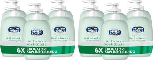 Neutro Roberts, Sapone Liquido Antibatterico, Pelle Sana e Protetta, Té Verde con Ingredienti Naturali - Flacone in Bio Plastica, Riciclabile - Confezione da 12x200 ml