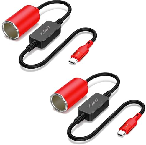 J&D 12V Car Cigarette Lighter Socket with USB Ports, Male to Female, 18W High-Speed Charging for Multiple Devices, Compatible with Dash Cams, GPS, LED Strips, 2-Pack, Red, 30 cm