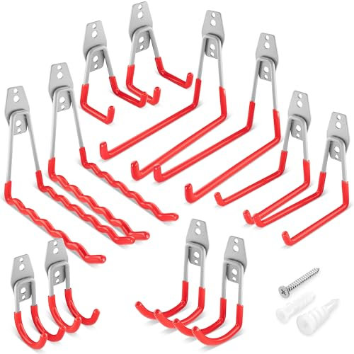 POPPSTAR 12x Wandhaken Garage, Schwerlast Doppelhaken, 6 Größen (Formen: quadratisch, J, Wellen), rot