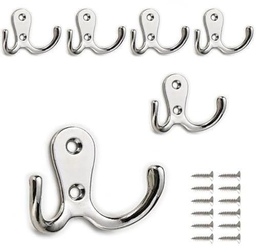 PAIDASHU Confezione da 6 ganci doppi in metallo, ganci appendiabiti da parete con viti per appendere vestiti, cappelli, asciugamani, chiavi, utensili da cucina, per soggiorno, camera da letto, bagno