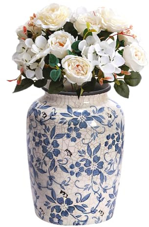 Vaso Ceramica Bianco e Blu Cineserie, Vaso da Fiori Vintage in Porcellan, VasI Decorativo Ceramica Rustica con Smalto a Crepe per la decorazione casa e ufficio 14,5 x 20 cm (M)