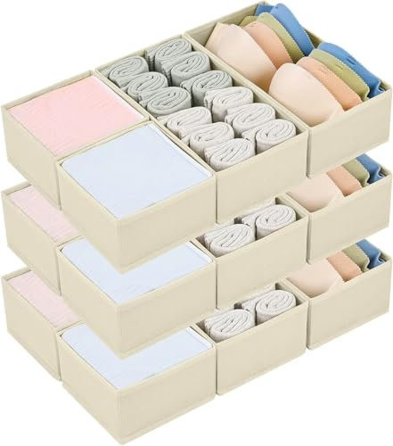 Homsorout Schubladen Kleiderschrank Organizer - 12 Stück Faltbare Unterwäsche Organizer Aufbewahrungsbox Stoff Schubladen Ordnungssystem für Hosen, Kleidung, Socken, Beige