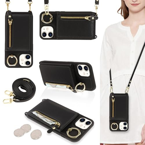 Jrkvniv Cover per iPhone 11 con Cordino Tracolla, Custodia in Pelle con Porta Carte Chiusura lampo Ring Portafoglio, Cellulare Girocollo Collana Antiurto AntiGraffio Protettiva Case, Nero