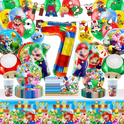7 Jahre alt Geburtstagsdeko Partygeschirr Set - 81 Stück Pappteller Kindergeburtstag Cartoon Partygeschirr, Party Tableware Supplies Kit mit Banner Luftballons Tortendeko Servietten Teller für Kinder