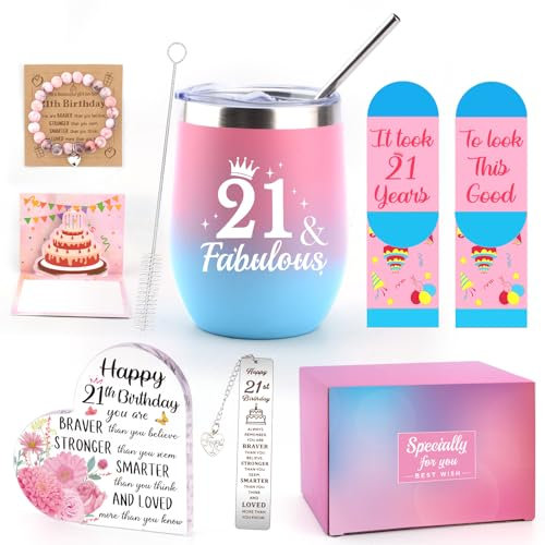 Coosilion 21st Birthday Gifts for Her Daughter Granddaughter, Fabulous 21 Birthday Presents for Girl Sister Niece 21st Birth Day Card Happy Socks Desk Plaque Tumbler Gifts for 21 Year Old Women