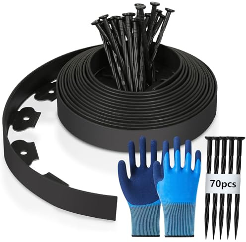 Flexible Rasenkante aus Kunststoff, 15m (L) x 10cm(H) Beetbegrenzung Rasenkanten Beeteinfassung Beetumrandung, Mähkante - Rasenkantenband mit 70 Erdanker + 1 Paar Handschuhe (Schwarz)