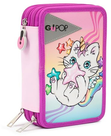 GO POP - Meowcorn Dreifach-Federmäppchen mit 3 Reißverschlüssen und 3 Fächern, enthält 18 Buntstifte, 18 Filzstifte und andere praktische Schulutensilien, 13 L x 19,5 H x 6,5 T, 2 Grafiken Nicht
