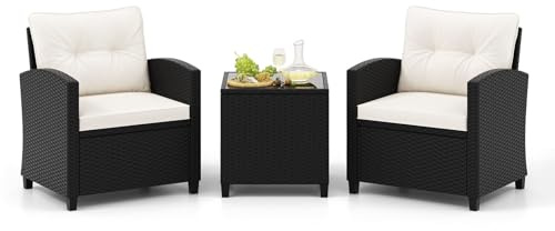 FANTASK 3-TLG Balkonmöbel Set mit mit Kissen, Gartenmöbel Set aus Rattan inkl. 2 Stühlen und Glas Tisch, Terrassenmöbel Sitzgruppe Lounge Set für Balkon, Terrasse und Garten, Cremeweiß