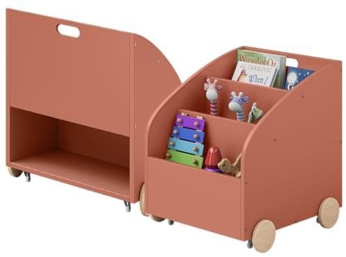 Bellabino Towy Kinderregal – Kinder Bücherregal mit 3 Fächern – Montessori Regal Terrakotta - Aufbewahrungsregal Kinderzimmer mit Rollen – Spielzeugregal mit Geheimfach – Kinderbücherregal 43x40x43 cm