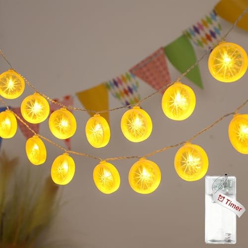 Koboko Lichterkette Zitronen Deko, 1,5 M 10 LED Lichterkette mit Timer | Gelb Zitronenscheiben Licht,Zitronenlicht,Zitronendeko-Lichterkette Innen Außen,Dekorative Lichter für Terrasse,Schlafzimmer