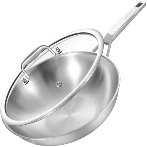 Inqibee Wokpfanne Edelstahl 32 cm mit Deckel | Unbeschichtete Wok Pfanne für Induktion & Gasherd, Edelstahlpfanne ohne Beschichtung, Stainless Steel Wok, genieteter Griff