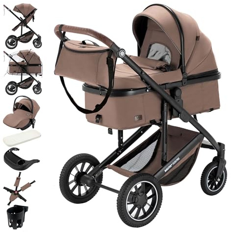 Daliya® FLEXI-PRO M 3in1 Kinderwagen & Buggy mit i-Size Babyschale, Viel Zubehör (Beige-Rosa Leinen)