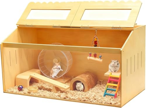 Hocomay Wooden Hamster Cage, Large Cages Dwarf Cage Transparent Small Animals with Acrylic Window and Openable Top Clear View Animal Habitats for Syrian Guinea Pig Chinchilla 80 x 40 x 40 cm