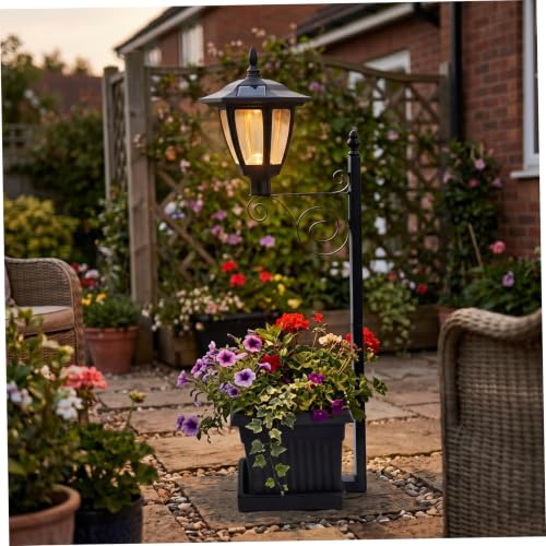 Comebachome Solar Planter Lights Outdoor, 27x8in Solar Garden Lights with Flower Pot Dual-Function Outdoor Planter with Garden Stake for Yard, Balcony, Lawn, Black, Light Plant