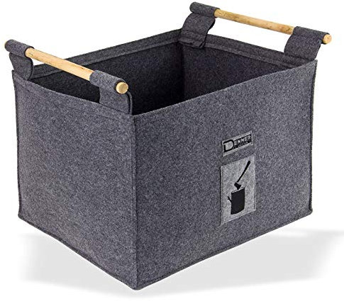 Filz Holzkorb Tasche Korb Filztasche Filzkorb Kaminholzkorb Brennholzkorb grau mit Holzgriffen 45x41x34 cm