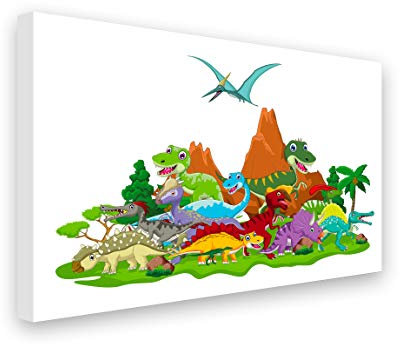 PICSonPAPER Hochwertiges Leinwand-Bild Dinosaurier, 70 cm x 50 cm, Dekoration fürs Kinderzimmer, Kunstdruck, Wandbild, Kinder, Dinos, Premium Qualität