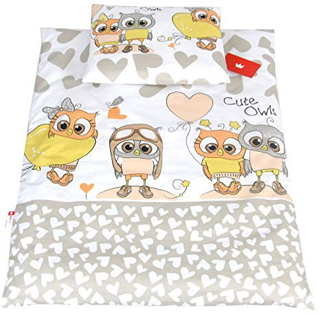 Babylux 2 TLG. Set Bezug für Kinderwagen Stubenwagen oder Wiege Garnitur Bettwäsche Kissen Decke 60 x 78 cm (105. Eule Beige)