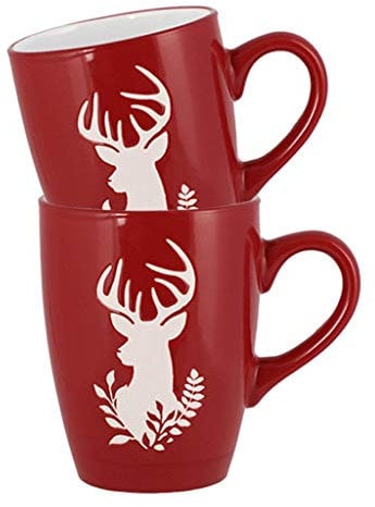 Set of 2 Red & White Reindeer Dishwasher Microwave Safe Tea Coffee Stoneware Breakfast Mugs