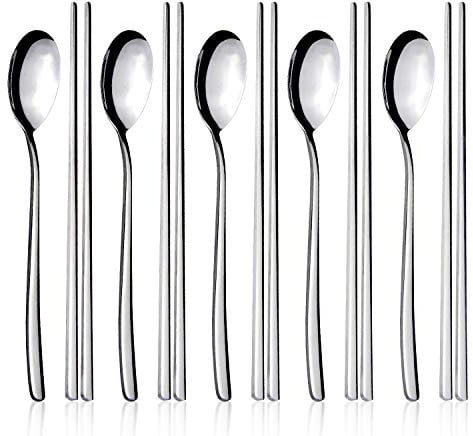 IQCWOOD Spoons and Chopsticks Set, 5 Pairs Stainless Steel Flat Chopsticks, 5 Set Korean Spoons, Metal Reusable Chop Sticks Dishwasher Safe for Home, Kitchen or Restaurant