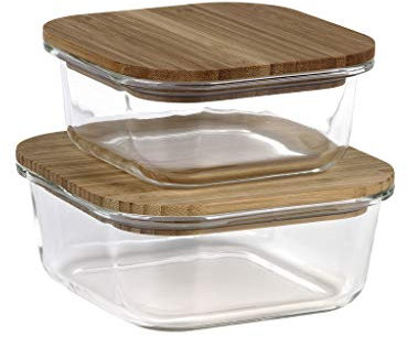 Cofan Set de 2 Fiambreras Cuadradas de Borosilicato | Modelo Bambú | Tapa de Bambú | Capacidad 520-800 ml