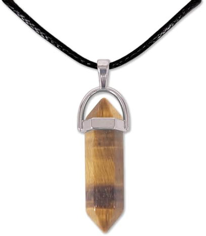 cotigo Pendentif en pierre naturelle en forme de pointe avec corde en fil ciré noir de 45 cm (Oeil de Tigre)
