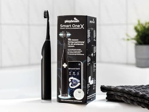 Playbrush Smart One X, elektrische Schallzahnbürste mit smarter Mundhygiene-Coaching-App, Tempo-Kontrolle zum Zahnfleischschutz, Timer, 4 Putzprogramme, 1 Aufsteckbürste, 6 Wochen Akku, schwarz
