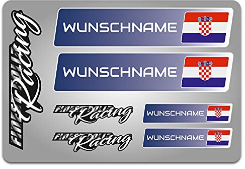 4er Set Aufkleber mit Fahne Flagge und wahlweise Name Sticker für Auto Fahrrad Motorrad Roller Helm im Rallye Racing Design R156 (18 Kroatien, Mit Wunschname)