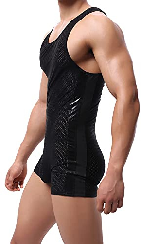 YOOBNG Men's Mesh Tank Top One Piece Striped Waistband Wrestling Singlet Bodysuit Jumpsuit Leotard Mini Boxer Briefs