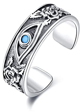 KINGWHYTE Auge des Horus Ring 925 Silber Verstellbarer Vintage Schmuck | Einstellbarer Eye of Horus Ring,Splitter Gravierte Rose Blume,Blau Evil Eye Schutz Schmuck für Männer Frauen