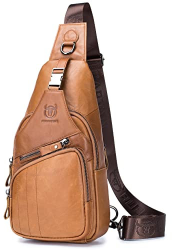 BULLCAPTAIN Herren-Schultertasche, echtes Leder, lässig, Mehrzweck-Umhängetasche, Schulterrucksack, Reisen, Wandern, Tagesrucksack, Gelbbraun,