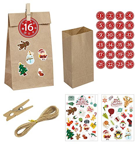 Adesivi ricaricabili per calendario dell'Avvento, con 24 sacchetti di carta kraft, adesivi natalizi e numeri adesivi, clip, spago, calendario fai da te per calendario, quaderni, Natale.