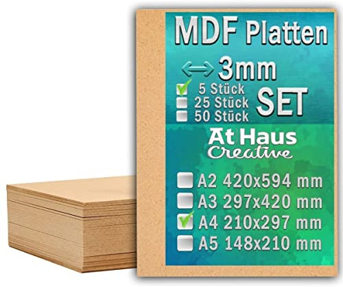 AtHaus MDF SET 5 x A4-297 x 210mm Holz-Platten 3mm Dünne Holzplatten Zuschnitt zum Basteln, Bemalen, Modellierung, Gravur, Perfekt für Laser, CNC Router