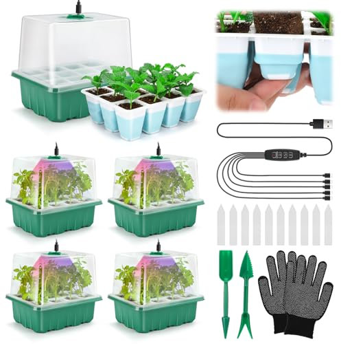 Seed Starter Tray with Grow Light, 60 Flexible Cells 5 PCS Seed Starter Kit, Reusable Seedling Starter Trays with Humidity Dome & High Lid, Germination Trays for Indoor Greenhouse Seed Starter