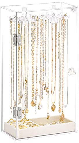 JUPELI Schmuckständer, Acryl Kettenständer Drehbar (24 Haken), Kettenhalter Schmuckhalter Schmuckaufbewahrung Ketten Aufbewahrung Uhrenständer mit Samt Tablett für Armbänder Ringe Uhren Ohrringe