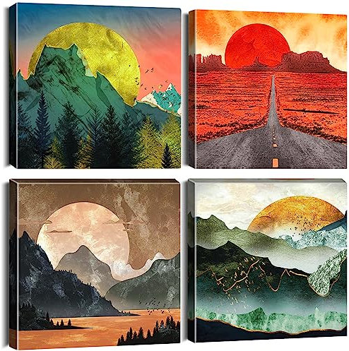 Artscope 4 Pièces Impression sur Toile - Lever et Coucher de Soleil Impression sur Toile Décoration Murale pour Chambre Peintures à l'huile pour Maison Bain Salon Chambre Restaurant 30x30cm