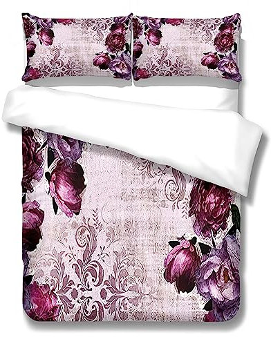 Bettwäsche 135X200 Lila Blumen Bettbezug Set,Bettbezüge-Sets 3 Teilig Mikrofaser Bettbezug Mit Reißverschluss Und 2 Kissenbezug 80X80Cm, Jugendliche,Bettwäsche-Sets Modern