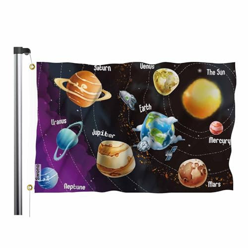 Swono Sonnensystem-Flagge, 90 x 150 cm, Universum, Planeten, Raketen, Sonne, Erde, Flagge, doppelseitig, doppelt genäht, mit Messingösen