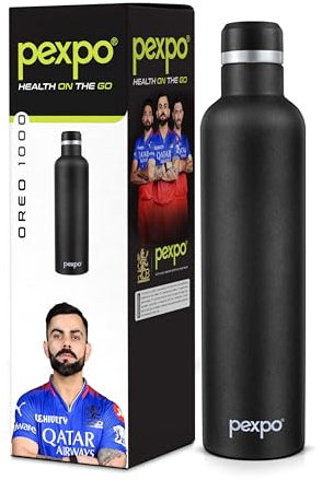 Pexpo Stainless Steel, ISI Certified Flask, 1000 ml, 33oz Knight Black| Portable & Keeps Beverages Hot/Cold for 24+ Hours