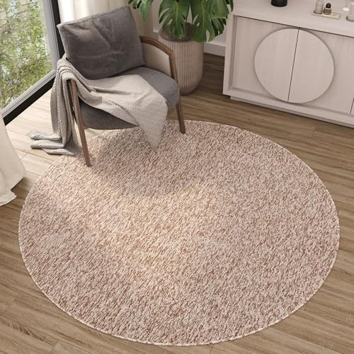 TAPISO Nizza Teppich Beige Einfarbig Melange Rund Anti Rutsch Loop-Teppich Niedriges Flor Waschbar Wohnzimmer Schlafzimmer Büro ÖKO-TEX 200 x 200 cm