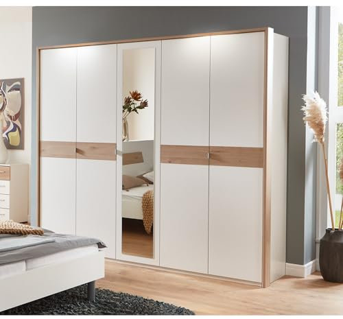 Lomadox Kleiderschrank Drehtürenschrank 5-türig, 1 Spiegel, 228 cm breit mit Passepartoutrahmen in weiß mit Eiche