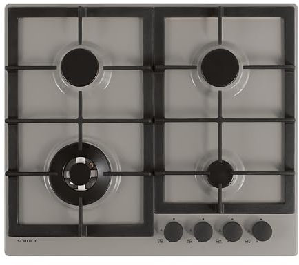 SCHOCK | Piano Cottura 4 Fuochi Gas Professional PC60 con Manopole Nere Opache Soft Touch, Griglie in Ghisa, Valvole di Sicurezza, Grigio Tortora, 585x500 mm