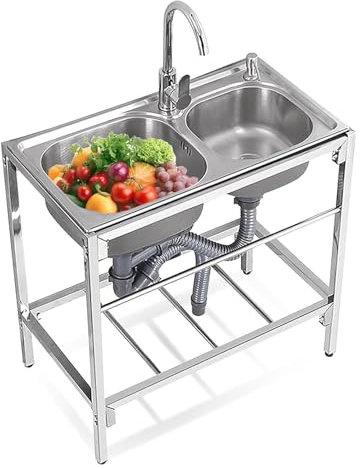 Évier de cuisine à double cuve, évier portable sur pied, station de travail avec étagère de rangement et robinet chaud et froid, lavabo à main, évier à linge, argent (taille: 80x43x75 cm)
