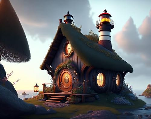 GerRit Leinwandbilder, Poster, 58 x 90 cm, ohne Rahmen, schönes, gemütliches Hobbit-Haus, Leuchtturm, Dampf